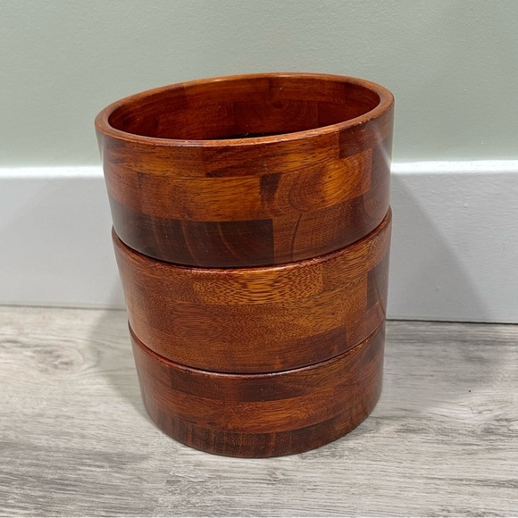 Vintage Set Of 3 Teak Wood Mid Century Modern 6” Round Salad Serving Bowls - Picture 6 of 6